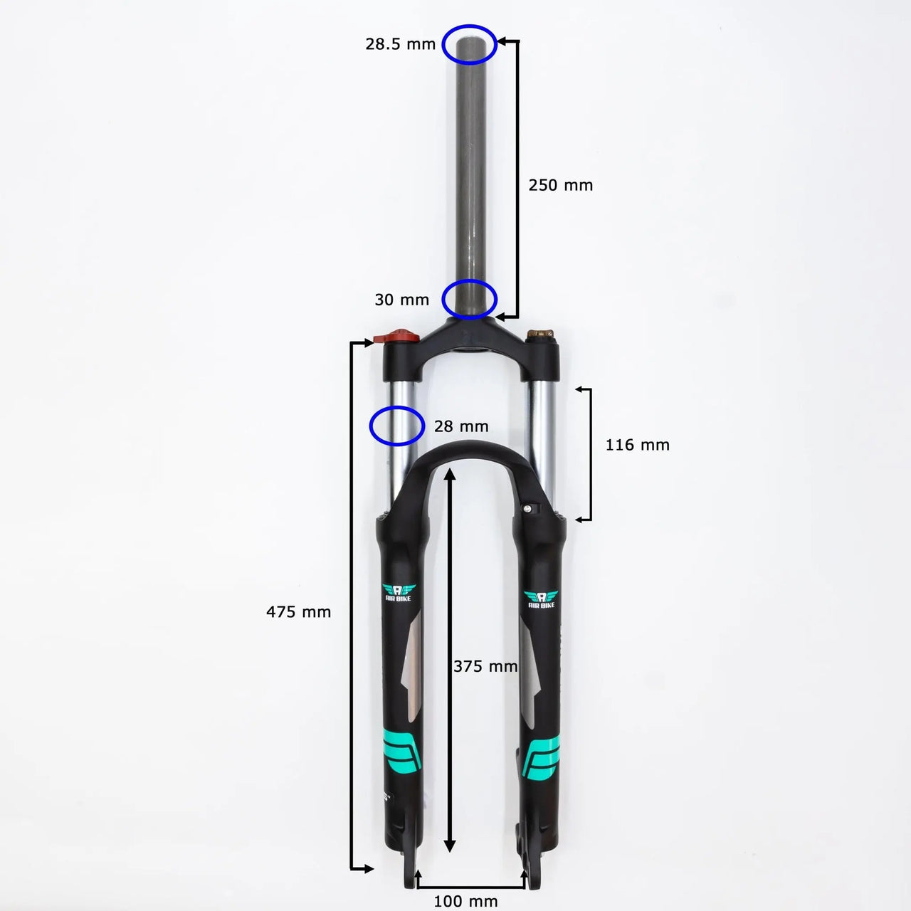 Detailed view of the 27.5-inch mountain bike suspension fork with measurement indicators
